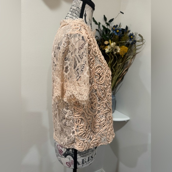 Zara Embroidered Roping Embellished Boxy Shear Tan Lace Blouse size Large - Picture 3 of 8